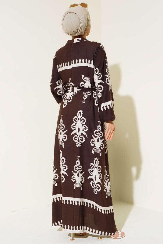 Robe Ceinturée à Motifs Ethnique Marron