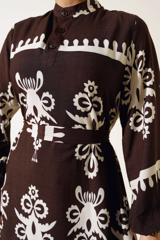 Robe Ceinturée à Motifs Ethnique Marron