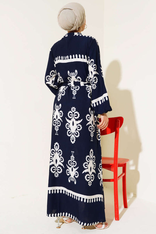 Ethnic Patterned Belted Dress Navy Blue