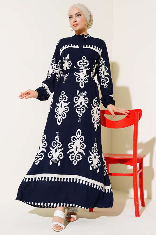 Ethnic Patterned Belted Dress Navy Blue