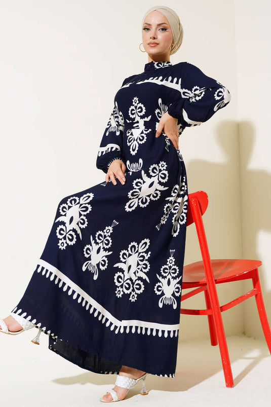 Ethnic Patterned Belted Dress Navy Blue