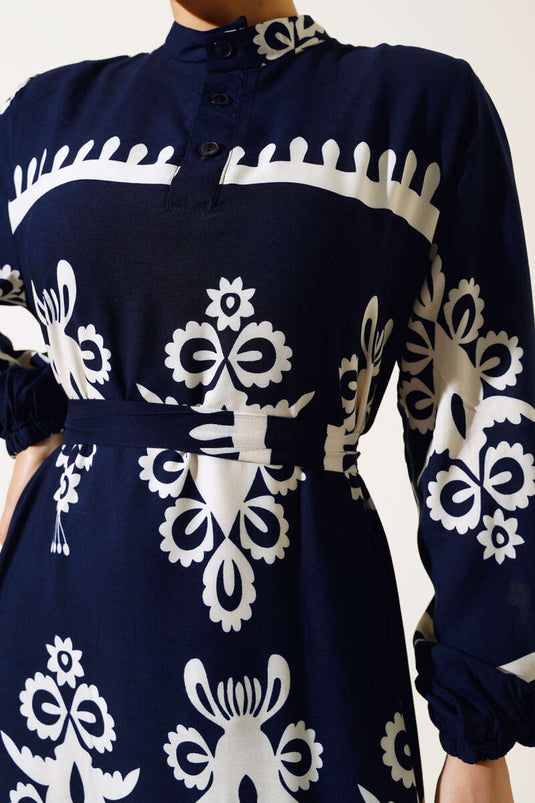 Ethnic Patterned Belted Dress Navy Blue