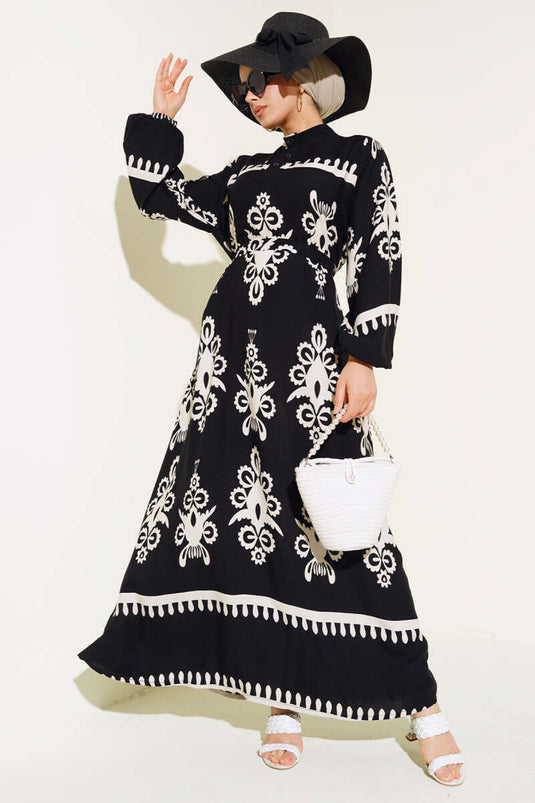 Ethnic Patterned Belted Dress Black