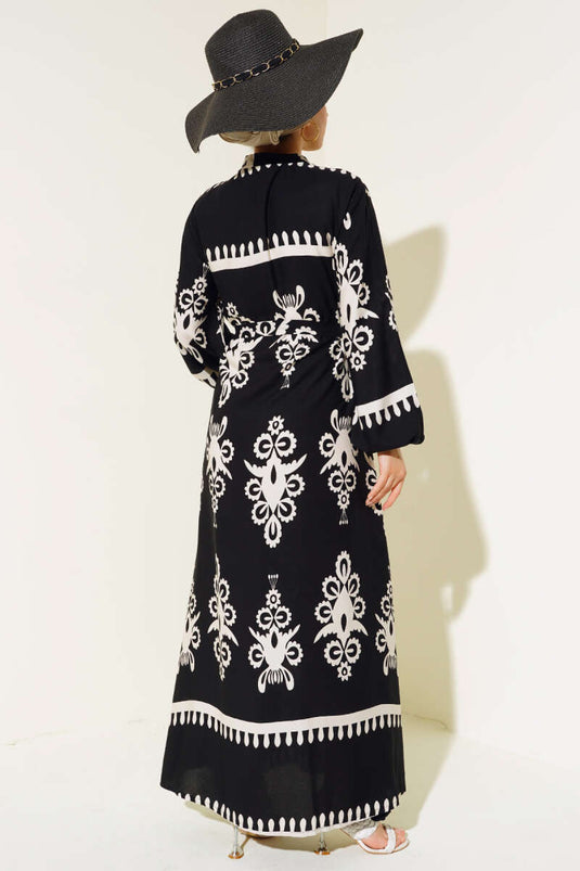 Ethnic Patterned Belted Dress Black