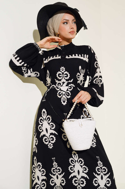 Ethnic Patterned Belted Dress Black