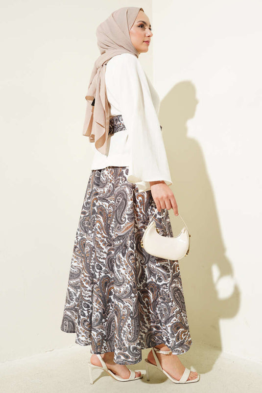 Ethnic Patterned Belted Skirted Two Piece Suit Smoke