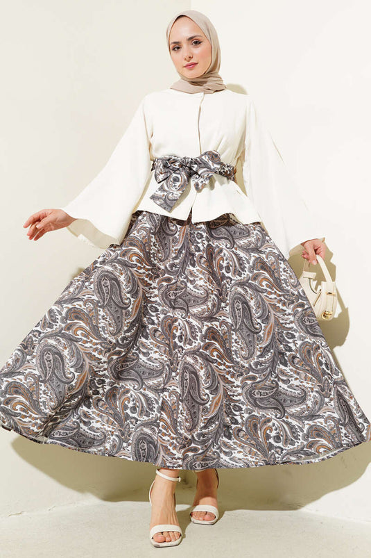 Ethnic Patterned Belted Skirted Two Piece Suit Smoke