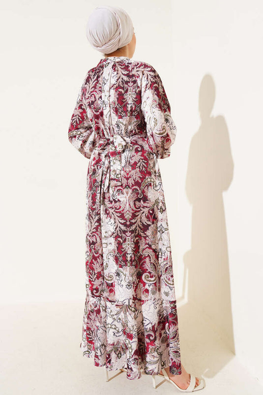 Ethnic Patterned Belted Satin Dress, Burgundy