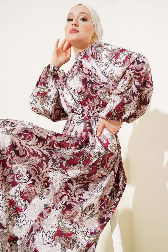 Ethnic Patterned Belted Satin Dress, Burgundy