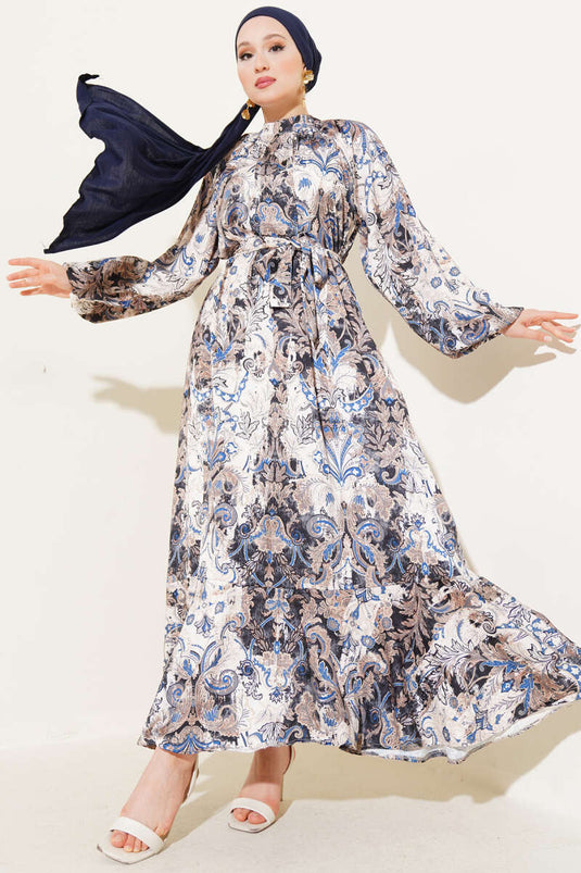 Ethnic Patterned Belted Satin Dress Blue