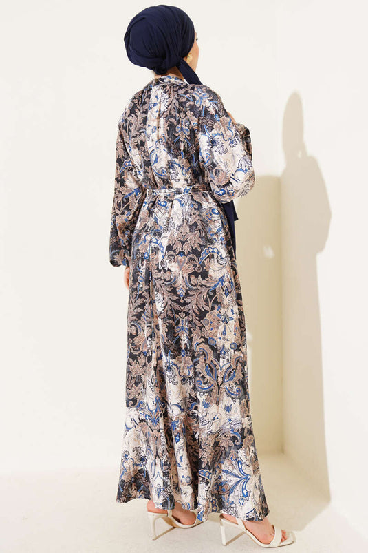 Ethnic Patterned Belted Satin Dress Blue