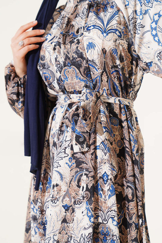 Ethnic Patterned Belted Satin Dress Blue