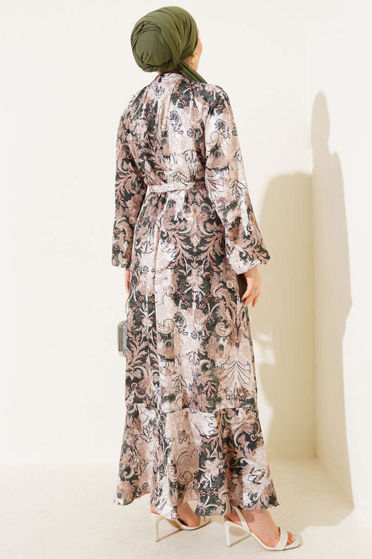 Ethnic Patterned Belted Satin Dress Green