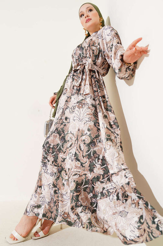 Ethnic Patterned Belted Satin Dress Green