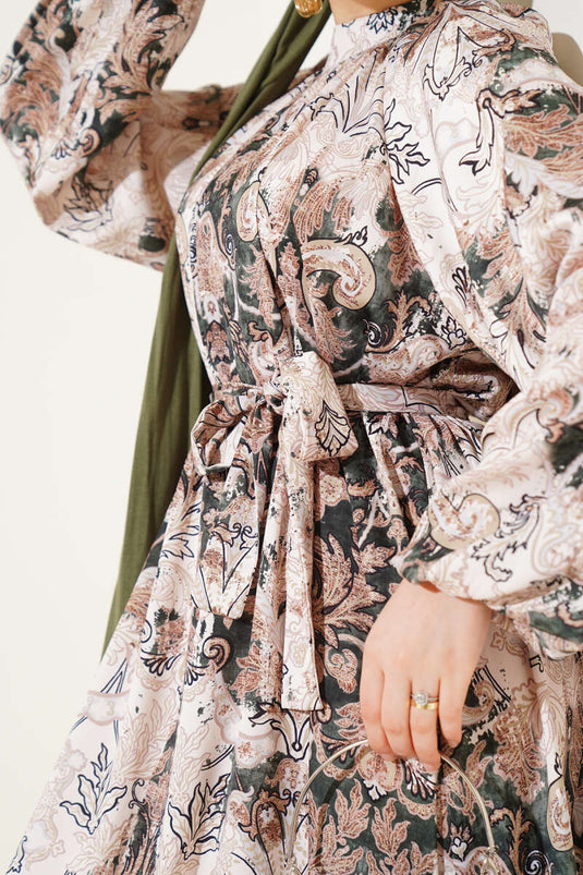 Ethnic Patterned Belted Satin Dress Green
