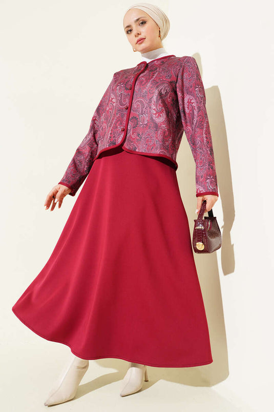 Ethnic Patterned Scuba Skirt and Two-Piece Set in Burgundy