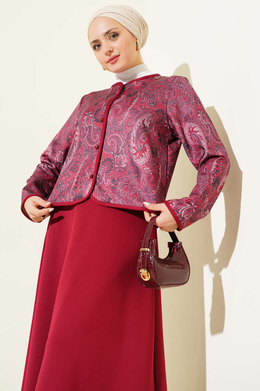 Ethnic Patterned Scuba Skirt and Two-Piece Set in Burgundy