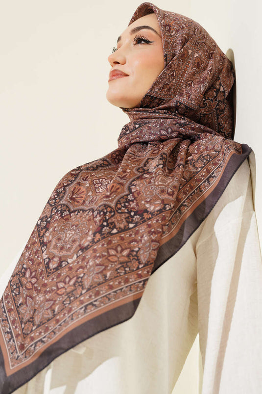 Etnik Desenli Şerit Geçişli Eşarp Siyah Camel