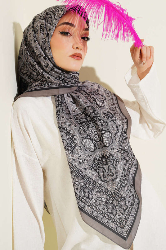 Ethnic Patterned Scarf with Stripe Detail Stone Gray