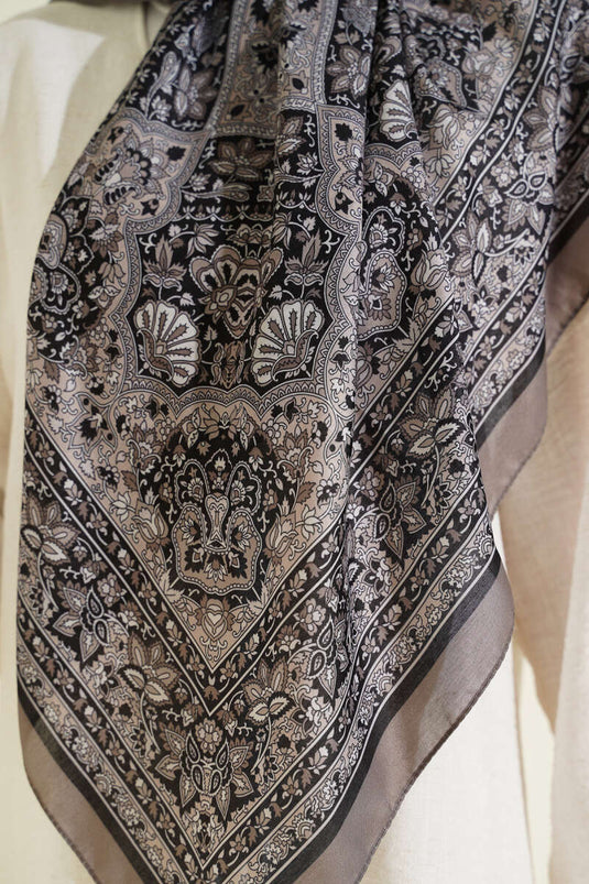 Ethnic Patterned Scarf with Stripe Detail Stone Gray