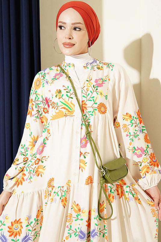 Robe Étnique À Moitié Boutonnée Beige