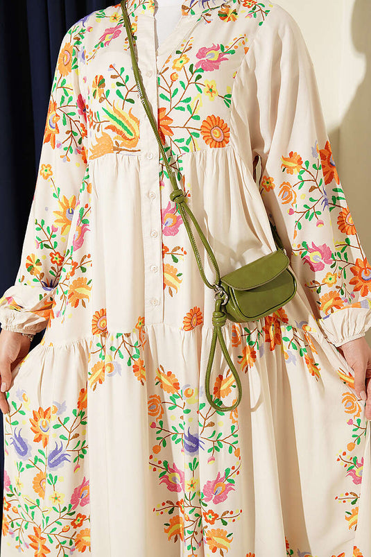Robe Étnique À Moitié Boutonnée Beige