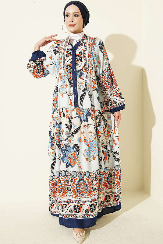 Robe Ethnique À Moitié Boutonnée Marine