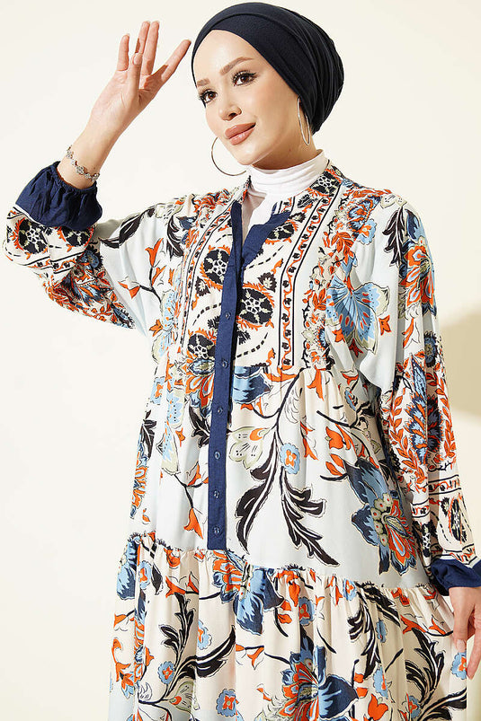 Robe Ethnique À Moitié Boutonnée Marine
