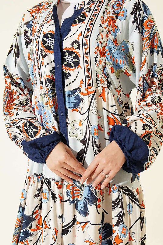Robe Ethnique À Moitié Boutonnée Marine