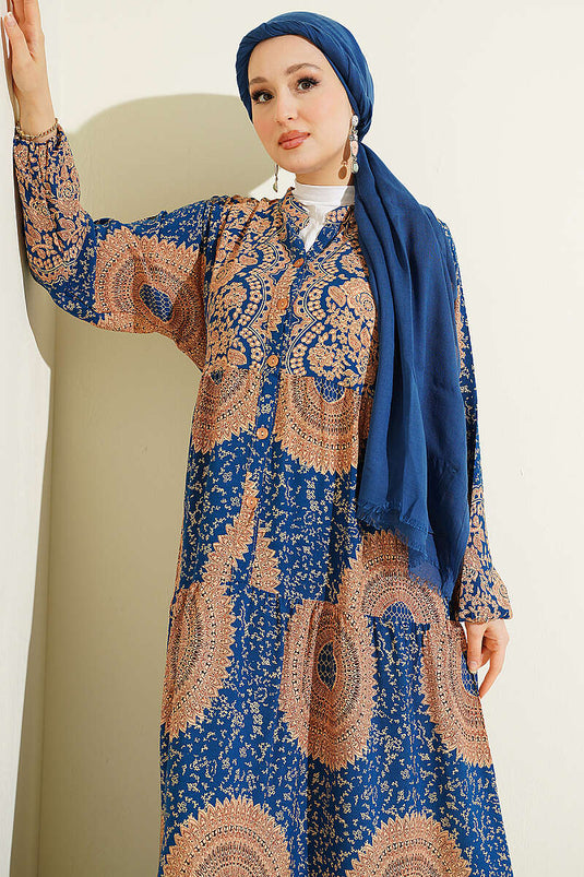 Robe à col mao avec motif ethnique indigo