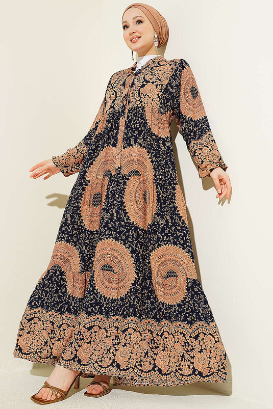 Robe à col mao avec motif ethnique bleu marine
