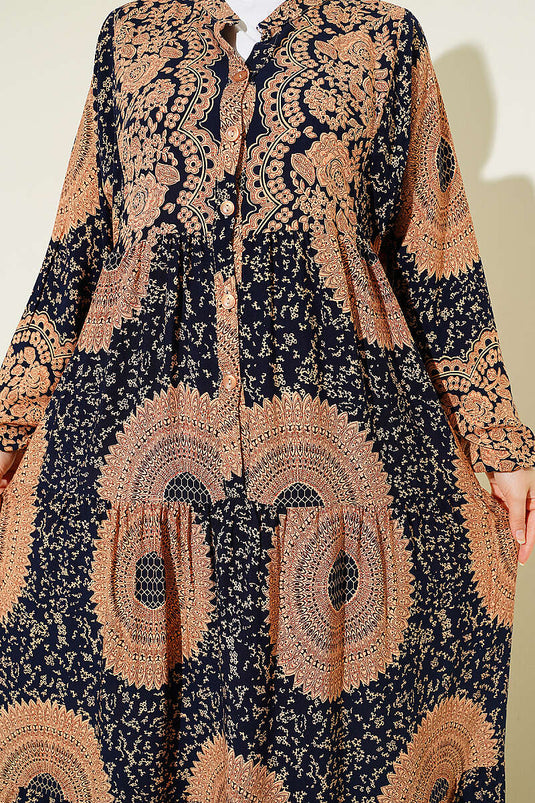 Robe à col mao avec motif ethnique bleu marine