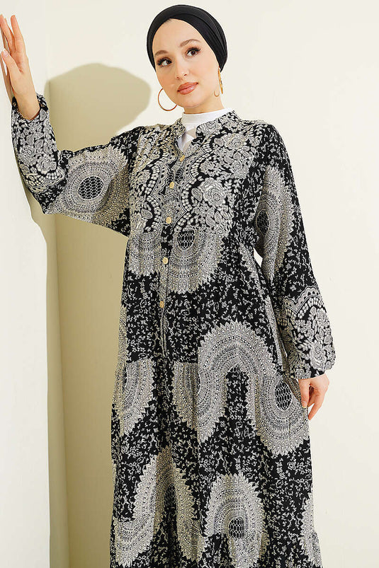 Etnik Motif Desen Hakim Yaka Elbise Siyah