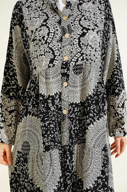 Etnik Motif Desen Hakim Yaka Elbise Siyah