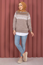Pull en tricot ample à motif ethnique couleur vison