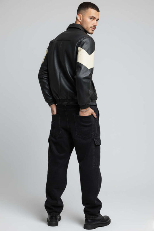 Veste en cuir noir à motifs EZ pour homme