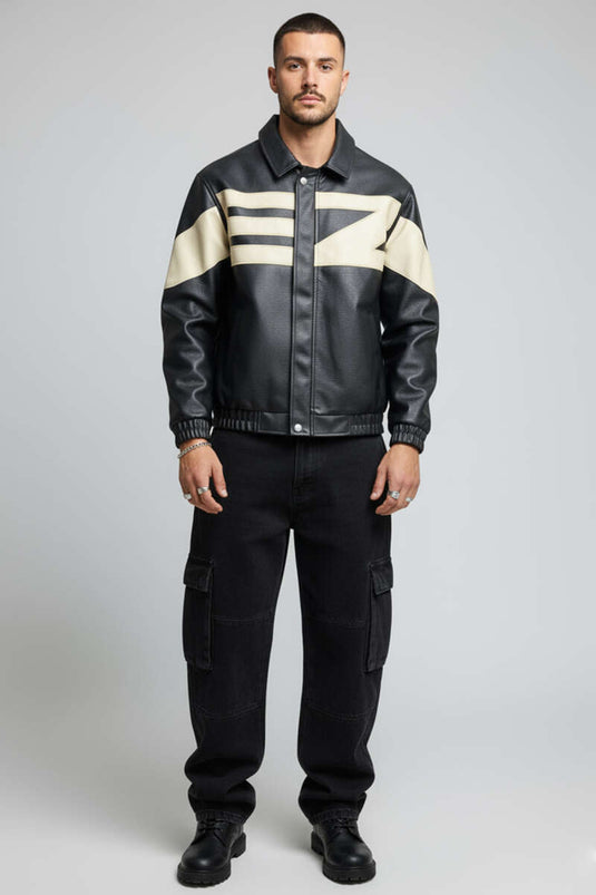 Veste en cuir noir à motifs EZ pour homme