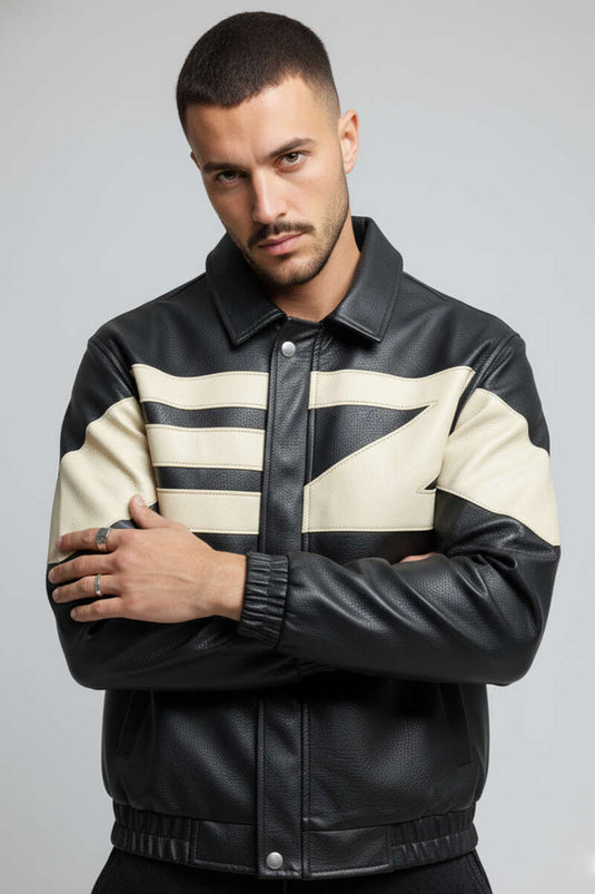 Veste en cuir noir à motifs EZ pour homme
