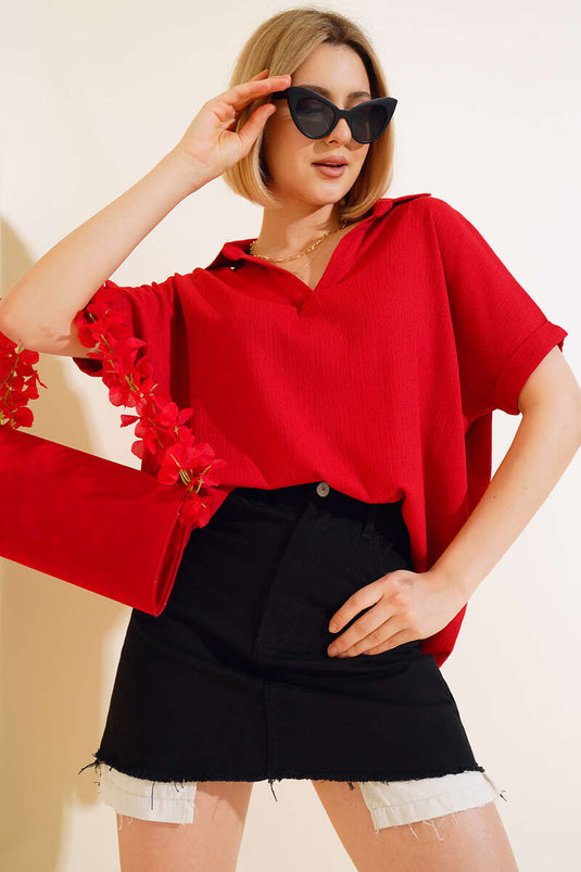 Blouse portefeuille à manches pauvres rouge