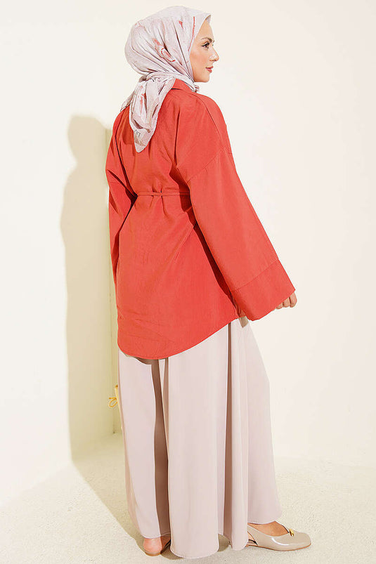 Chemise Fakir À Manches Roll-Up Et Détail À Nœud En Terre De Sienne Brûlée