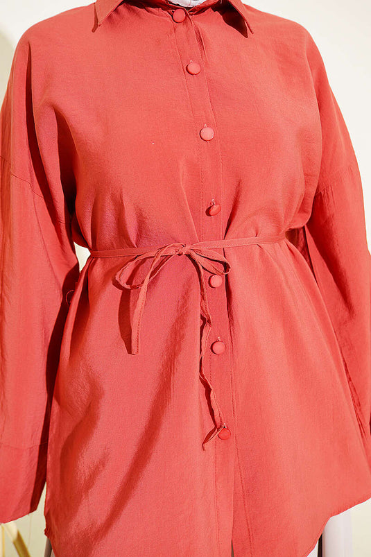 Chemise Fakir À Manches Roll-Up Et Détail À Nœud En Terre De Sienne Brûlée