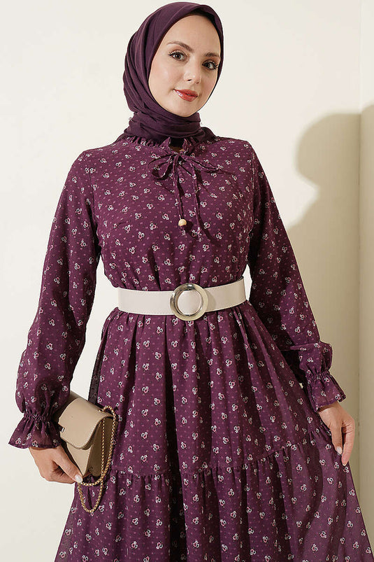 Floral Chiffon Kleid Mit Rüschen Und Stehkragen In Mauve