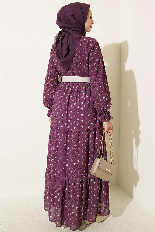 Floral Chiffon Kleid Mit Rüschen Und Stehkragen In Mauve