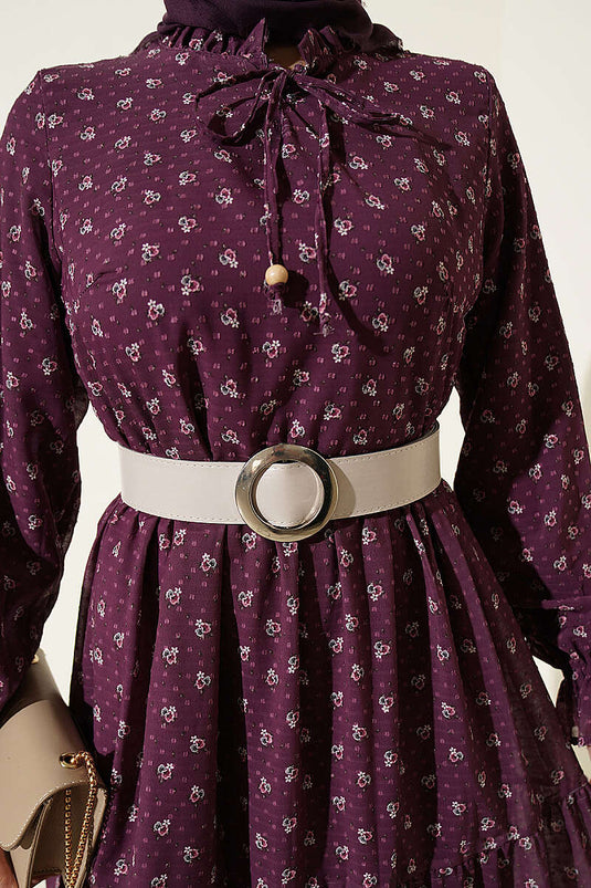 Floral Chiffon Kleid Mit Rüschen Und Stehkragen In Mauve