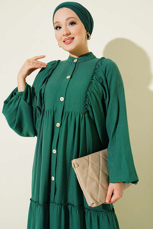 Boydan Düğmeli Kat Kat Elbise Yeşil