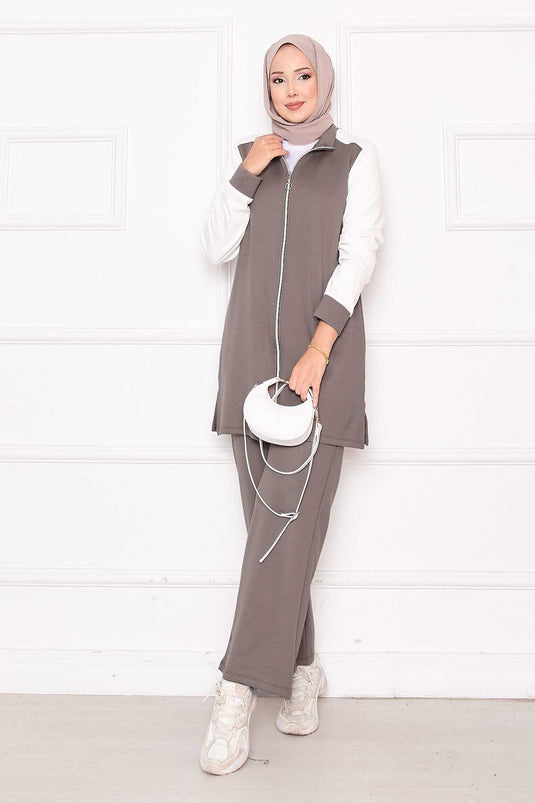 بدلة رياضية من قطعتين بسحاب ومزخرفة بلون المنك الداكن