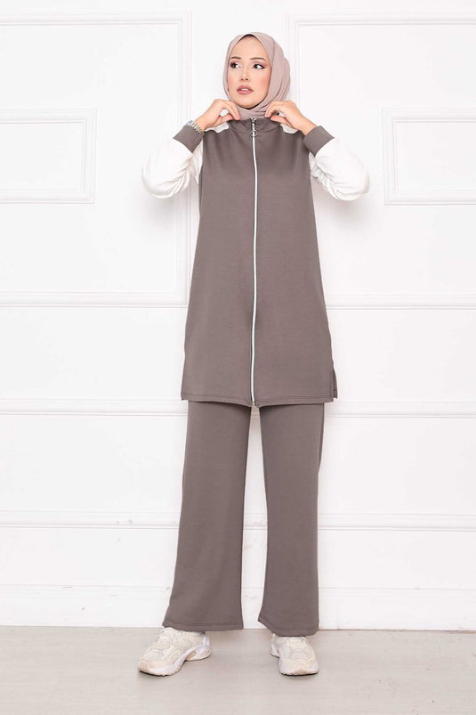 Combinaison de sport deux pièces zippée et garnie Vison foncé