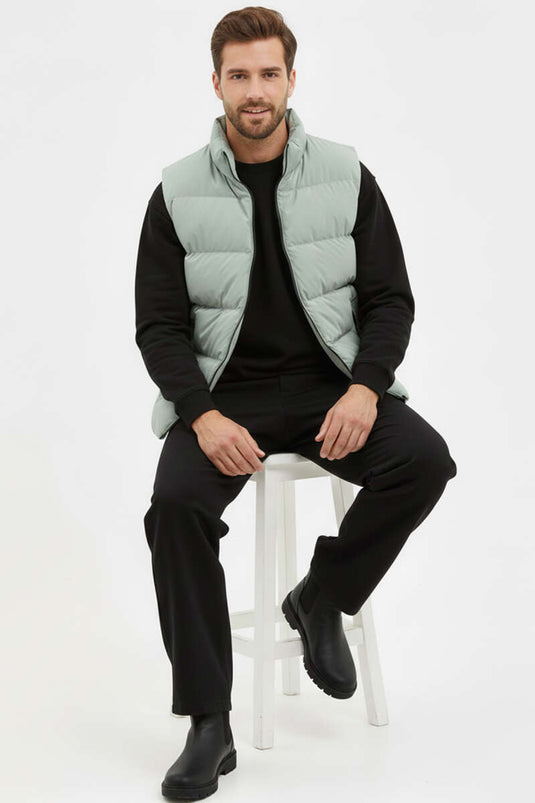 Zipper Pocketed Men's Padded Vest Olive Green