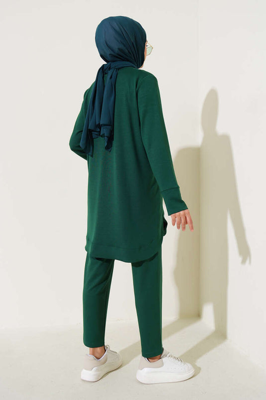 Zipper Pocket Tunic Two Piece Set Emerald