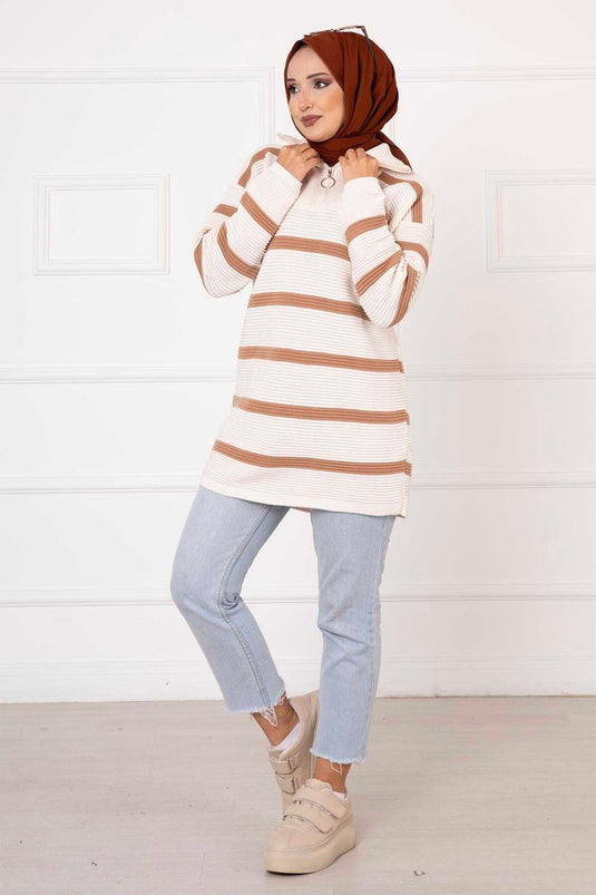 Zipper Detailed Striped Tunic Ecru